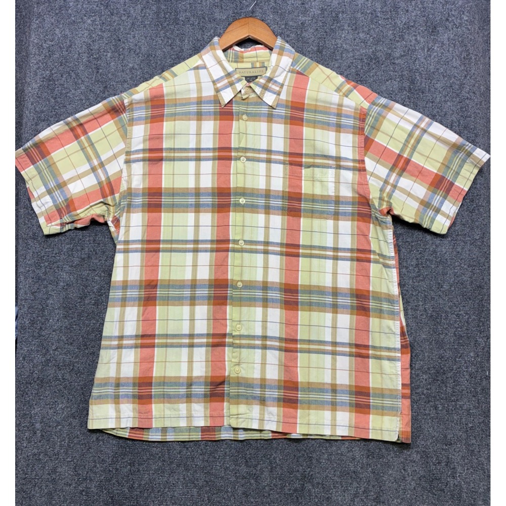 Naturalife Mens XXL Short Sleeve Button Down Plaid Shirt Cotton Earth Tone